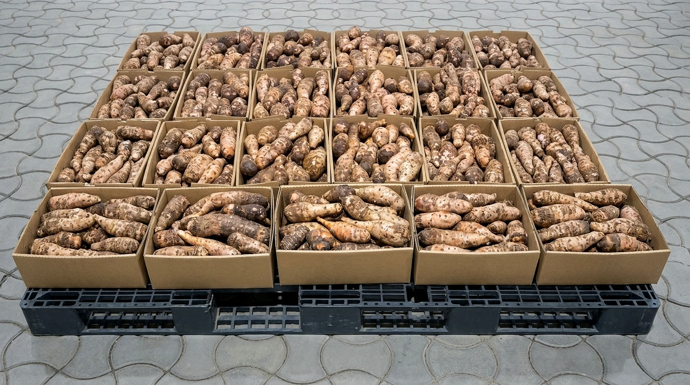 Cartons of cleaned cocoyam corms stacked on an export pallet