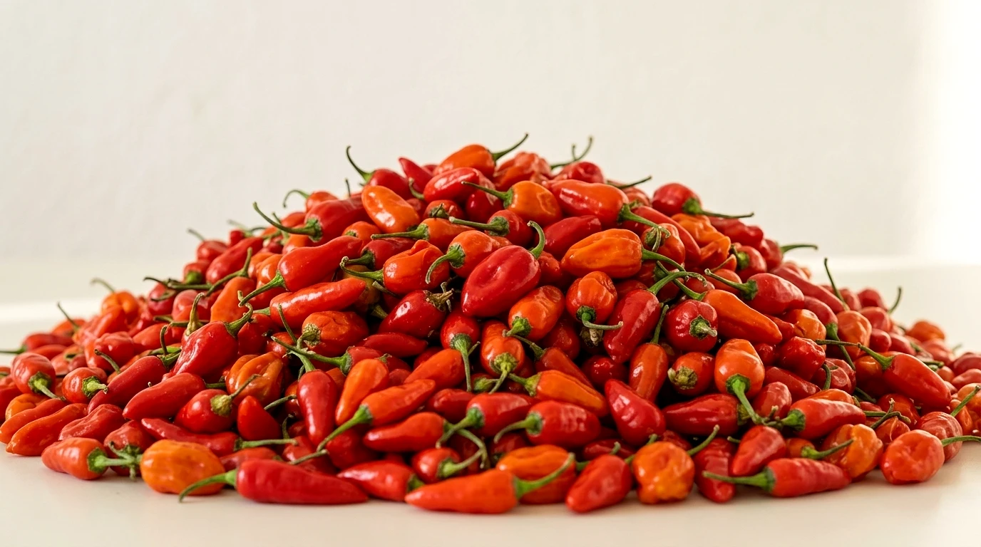 Heap of red and orange hot peppers sorted for packing