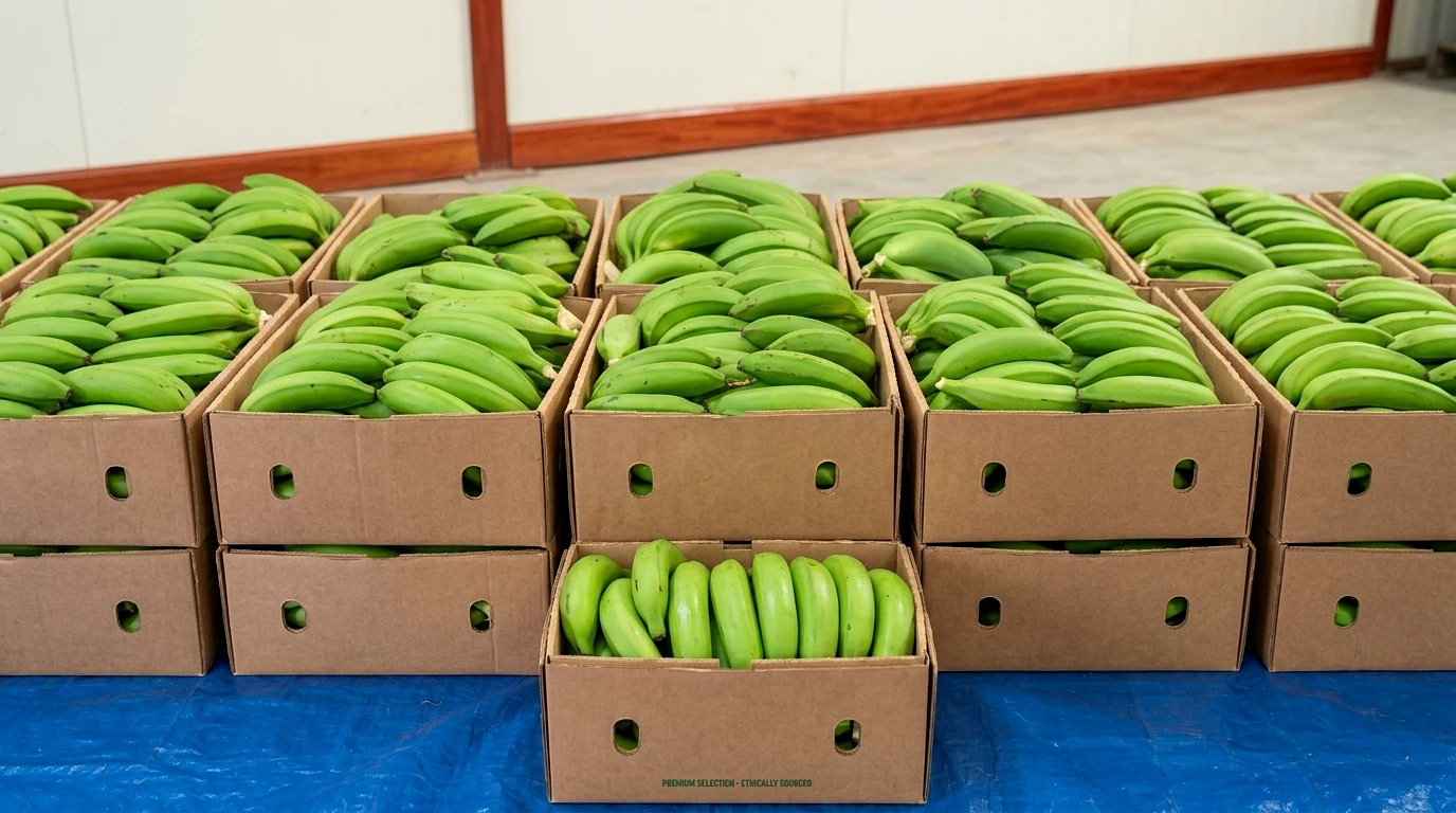Cartons of green matooke staged on the packing floor