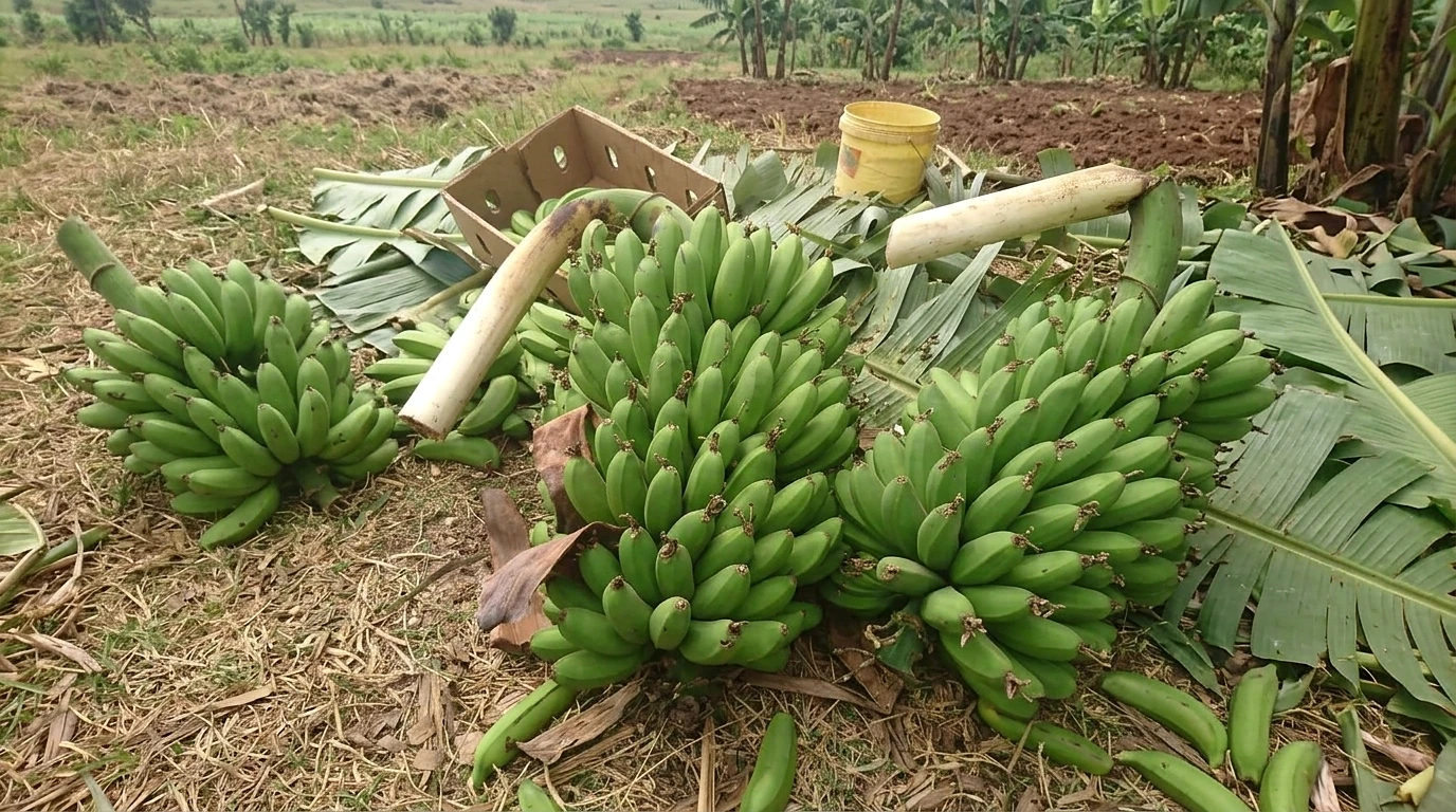 Matooke bunches cut and gathered at the farm