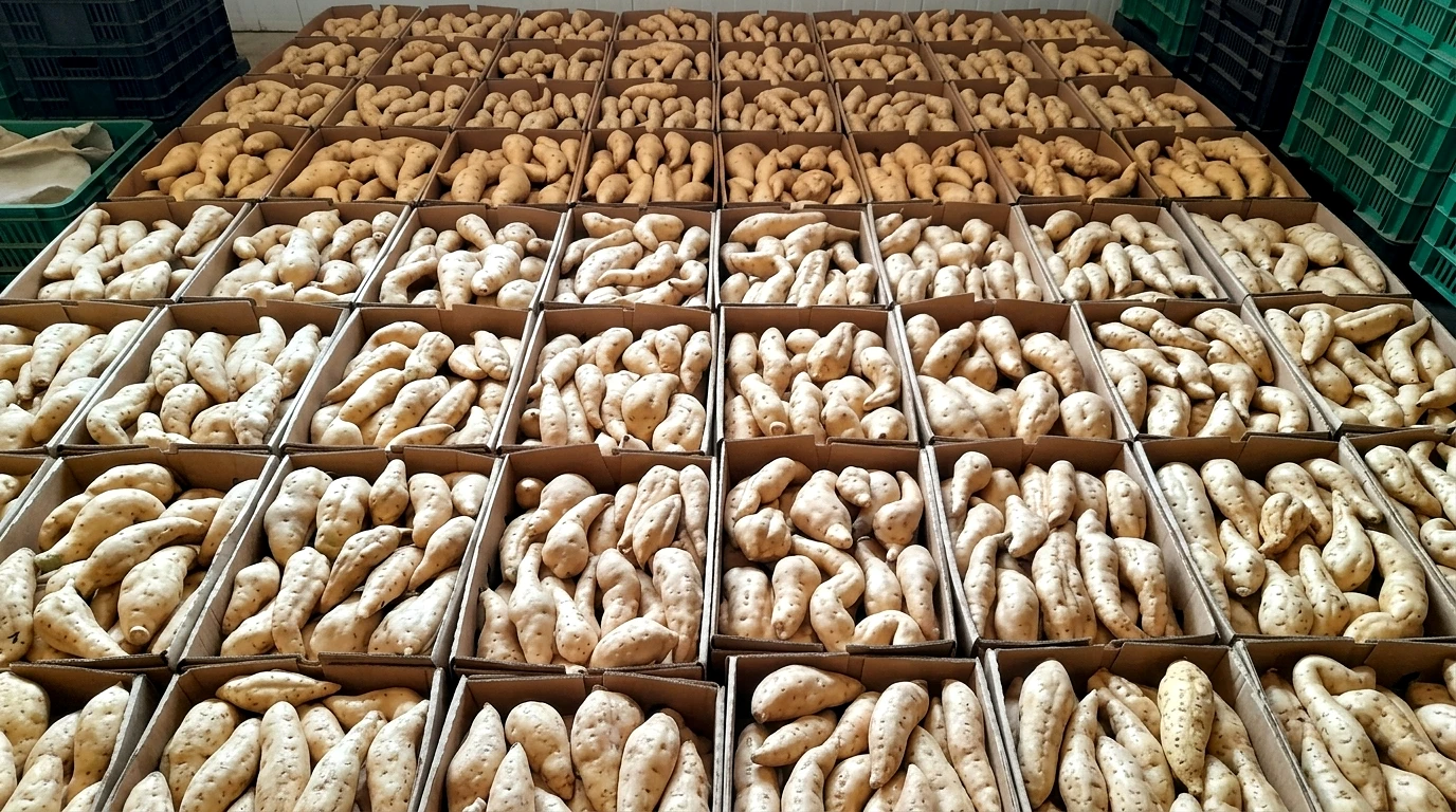 Export cartons of white sweet potatoes gridded out for counting