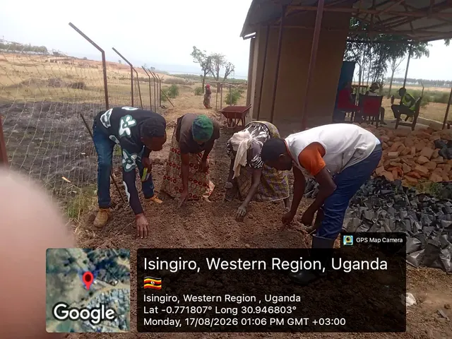Participants preparing nursery growing media and sowing seeds during a field activity in Isingiro, Western Uganda.