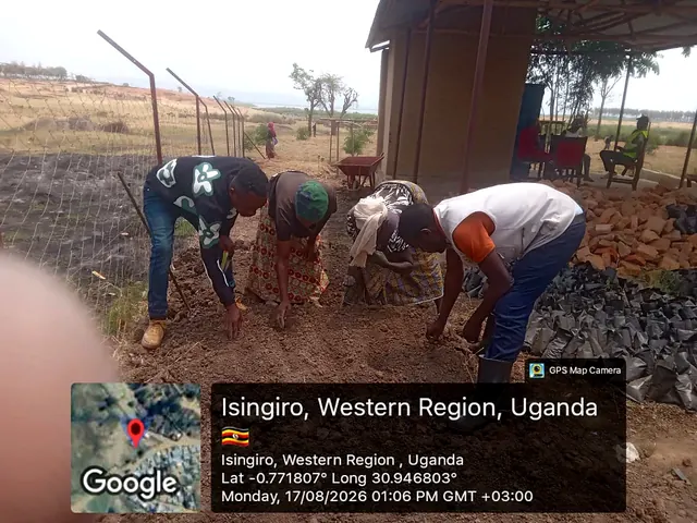 Participants preparing nursery growing media and sowing seeds during a field activity in Isingiro, Western Uganda.