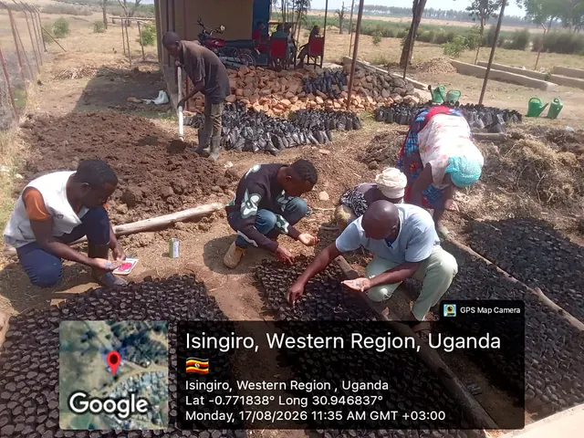 Participants preparing nursery growing media and sowing seeds during a field activity in Isingiro, Western Uganda.